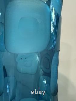 Vintage Fenton Blue Art Glass Vase Pair 14 Hand Blown Thumbprint Mid Century