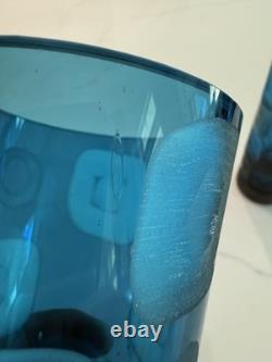 Vintage Fenton Blue Art Glass Vase Pair 14 Hand Blown Thumbprint Mid Century