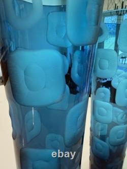 Vintage Fenton Blue Art Glass Vase Pair 14 Hand Blown Thumbprint Mid Century