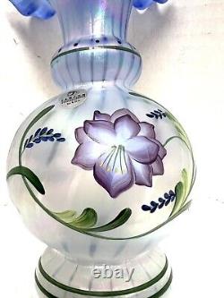 Vintage Fenton Blue Glass Vase Hand Paint 1999 Harmony Messenger Iridescent Rare