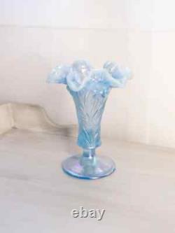 Vintage Fenton Blue Iridescent Opalescent Glass Footed Daffodil Vase