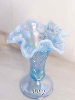 Vintage Fenton Blue Iridescent Opalescent Glass Footed Daffodil Vase