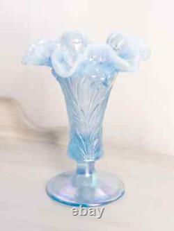 Vintage Fenton Blue Iridescent Opalescent Glass Footed Daffodil Vase