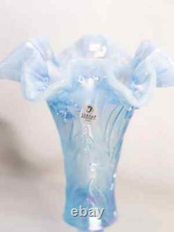 Vintage Fenton Blue Iridescent Opalescent Glass Footed Daffodil Vase
