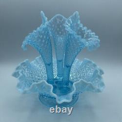 Vintage Fenton Blue Opalescent Hobnail Glass 3 Horn Epergne Flower Display Vase