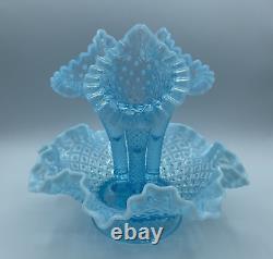 Vintage Fenton Blue Opalescent Hobnail Glass 3 Horn Epergne Flower Display Vase