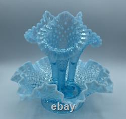 Vintage Fenton Blue Opalescent Hobnail Glass 3 Horn Epergne Flower Display Vase