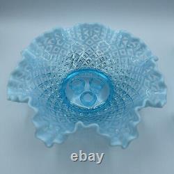 Vintage Fenton Blue Opalescent Hobnail Glass 3 Horn Epergne Flower Display Vase