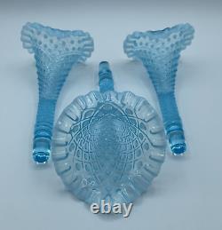 Vintage Fenton Blue Opalescent Hobnail Glass 3 Horn Epergne Flower Display Vase