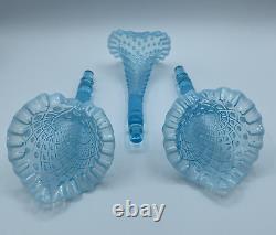 Vintage Fenton Blue Opalescent Hobnail Glass 3 Horn Epergne Flower Display Vase