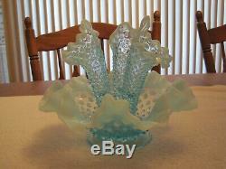 Vintage Fenton Blue Opalescent Hobnail Glass Epergne Bowl 3 Lily Horn Vase