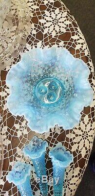 Vintage Fenton Blue Opalescent Hobnail Miniature Epergne Bowl 3 Lily Horn Vase