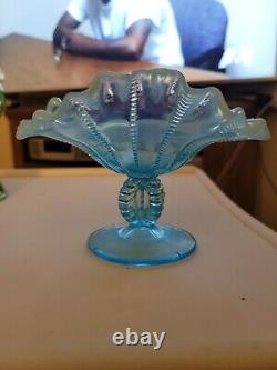 Vintage Fenton Blue Opalescent Vaseline Glass Trumpet Vase Glows