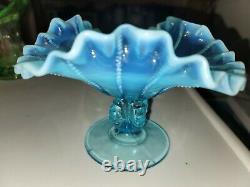 Vintage Fenton Blue Opalescent Vaseline Glass Trumpet Vase Glows