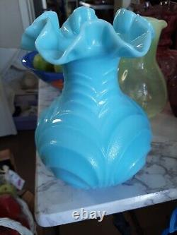 Vintage Fenton Blue RARE Glossy Drapery 8 Glass Vase! ABSOLUTELY BEAUTIFUL! A+