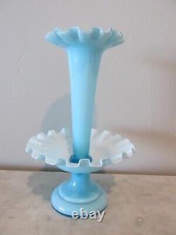 Vintage Fenton Epergne Turquoise Blue Ruffled Cased Glass 1 Horn