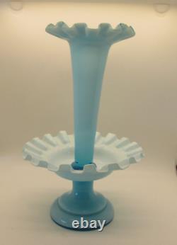 Vintage Fenton Epergne Turquoise Blue Ruffled Cased Glass 1 Horn