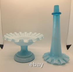 Vintage Fenton Epergne Turquoise Blue Ruffled Cased Glass 1 Horn