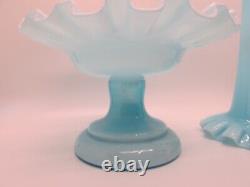 Vintage Fenton Epergne Turquoise Blue Ruffled Cased Glass 1 Horn