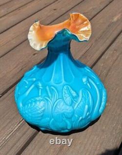 Vintage Fenton Glass Elegant Bright Blue Swan Vase Ruffled Rim