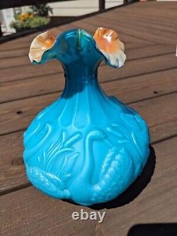 Vintage Fenton Glass Elegant Bright Blue Swan Vase Ruffled Rim