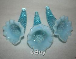 Vintage Fenton Glass Opalescent Hobnail 3 Horn Trumpet Epergne Vase