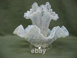 Vintage Fenton Hobnail Opalescent White Glass Three-Horn Ruffled Epergne Art