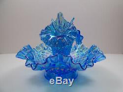 Vintage Fenton Iridescent Blue Carnival Hobnail 4-piece Epergne Vase Sharp