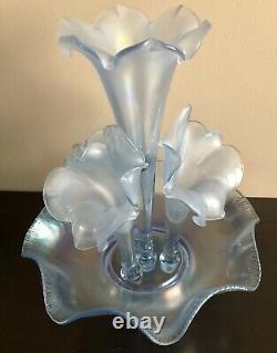 Vintage Fenton Iridescent / Carnival Blue 4 Horn Epergne Lily Vase