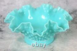 Vintage Fenton Light Aqua Blue Milk Glass Hobnail 3 Arm Epergne Lily Horn Vase