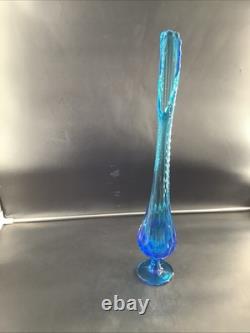 Vintage Fenton Sapphire Blue Thumbprint Swung Vase 19.5 MCM Art Glass Tall