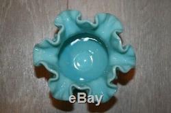 Vintage Fenton Turquoise Milk Glass Hobnail Ball Vase Ruffled 4 1/2 Exc. Cond