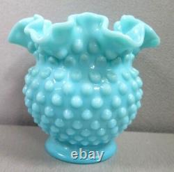 Vintage Fenton Turquoise Milk Glass Hobnail Ball Vase Ruffled 4 1/2 Rare Htf