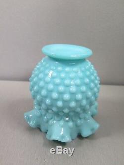 Vintage Fenton Turquoise Milk Glass Hobnail Ball Vase Ruffled 4 1/2 Rare Htf