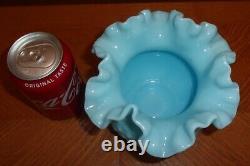 Vintage Fenton Turquoise Milk Glass Hobnail Ball Vase Ruffled Robin Egg Blue