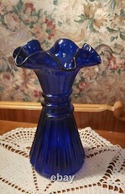 Vintage Fenton Wheat Vase 7 1/2 H -cobalt Blue Royale-ruffle Top 1983-84