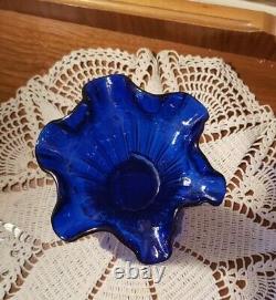 Vintage Fenton Wheat Vase 7 1/2 H -cobalt Blue Royale-ruffle Top 1983-84