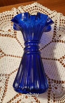 Vintage Fenton Wheat Vase 7 1/2 H -cobalt Blue Royale-ruffle Top 1983-84