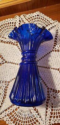 Vintage Fenton Wheat Vase 7 1/2 H -cobalt Blue Royale-ruffle Top 1983-84