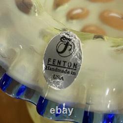 Vintage Fenton Yellow Opalescent Coin Dot Blue Ruffle Hat Vase Original Tag