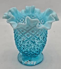 Vintage Fenton aqua Blue glass Hobnail Ruffle edge Opalescent Footed Vase fanned