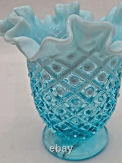 Vintage Fenton aqua Blue glass Hobnail Ruffle edge Opalescent Footed Vase fanned
