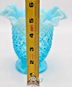 Vintage Fenton aqua Blue glass Hobnail Ruffle edge Opalescent Footed Vase fanned