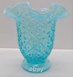 Vintage Fenton aqua Blue glass Hobnail Ruffle edge Opalescent Footed Vase fanned