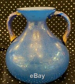 Vintage Fine Blue Gold Dust Venetian Murano Glass Vase