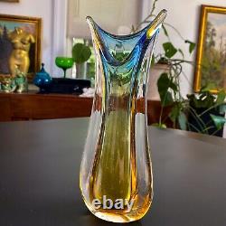 Vintage Flavio Poli Sommerso Murano Italian Art Glass Vase Blue Yellow 9