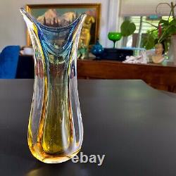 Vintage Flavio Poli Sommerso Murano Italian Art Glass Vase Blue Yellow 9