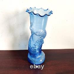Vintage Floral Blue Glass Fish Design Flower Vase Decorative Collectible GV11