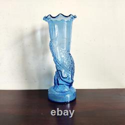 Vintage Floral Blue Glass Fish Design Flower Vase Decorative Collectible GV11