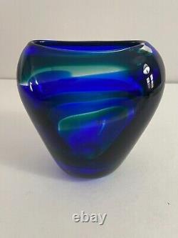 Vintage Floris Meydam for Leerdam Art Glass Vase Blue Green Clear Signed